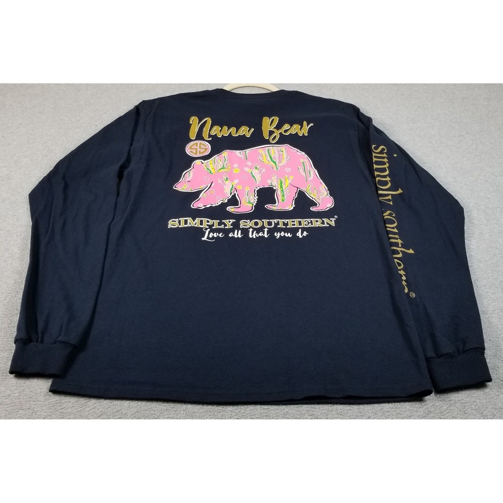 Simply Southern T-Shirt Womens Medium M Blue Pink Nana Bear Graphic Tee Logo Top